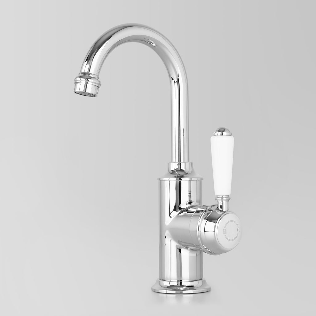 Tap Ware, Showers and Accessories -  Classic Olde English Signature Basin Mixer White Lever 110mm swivel spout