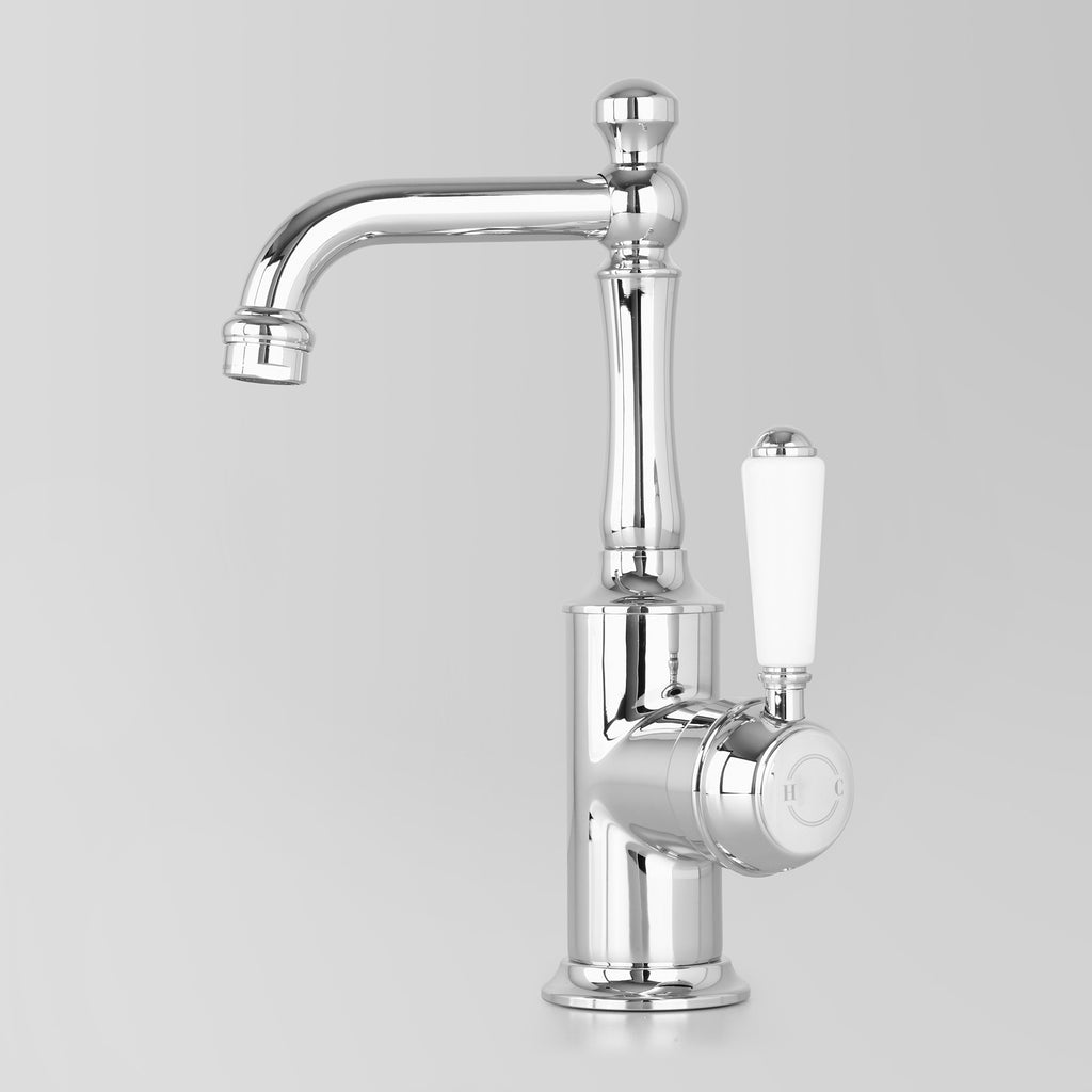 Tap Ware, Showers and Accessories -  Classic Olde English Signature Basin V2 Mixer White Lever 110mm swivel spout