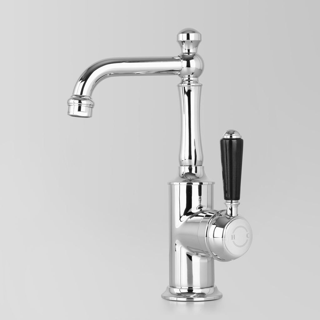 Tap Ware, Showers and Accessories -  Classic Olde English Signature Basin V2 Mixer Black Lever 110mm swivel spout