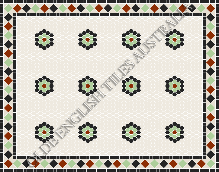 Classic Mosaic Patterns - Empire Multi 25 White with Black, Sage and Special Red Pattern