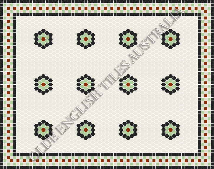 Classic Mosaic Patterns - Empire Multi 25 White with Black, Sage and Special Red Pattern