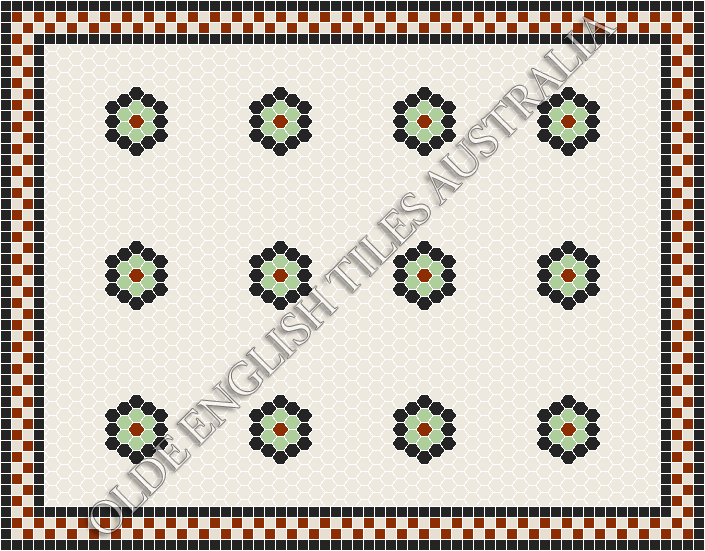 Classic Mosaic Patterns - Empire Multi 25 White with Black, Sage and Special Red Pattern