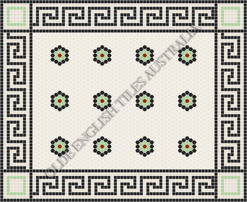 Classic Mosaic Patterns - Empire Multi 25 White with Black, Sage and Special Red Pattern