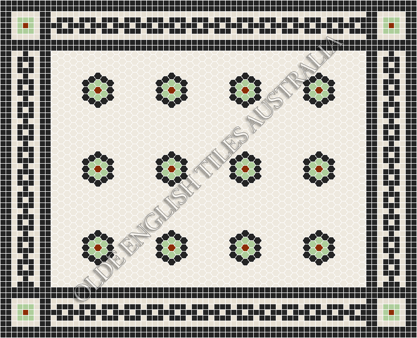 Classic Mosaic Patterns - Empire Multi 25 White with Black, Sage and Special Red Pattern