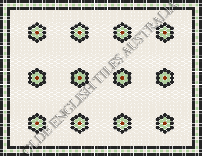 Classic Mosaic Patterns - Empire Multi 25 White with Black, Sage and Special Red Pattern