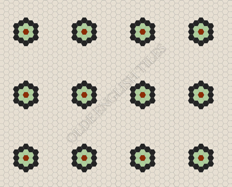Classic Mosaic Patterns -  Empire Multi 25 White with Black, Sage and Special Red Pattern