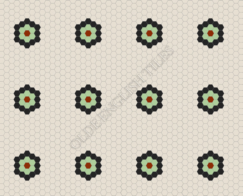 Classic Mosaic Patterns - Empire Multi 25 White with Black, Sage and Special Red Pattern