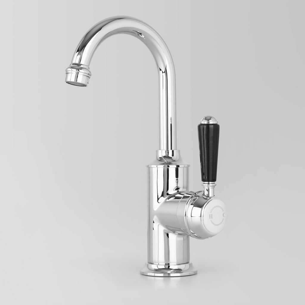 Tap Ware, Showers and Accessories -  Classic Olde English Signature Basin Mixer Black Lever 110mm swivel spout