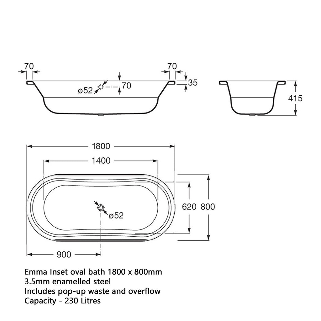  - Emma Inset oval Steel bath