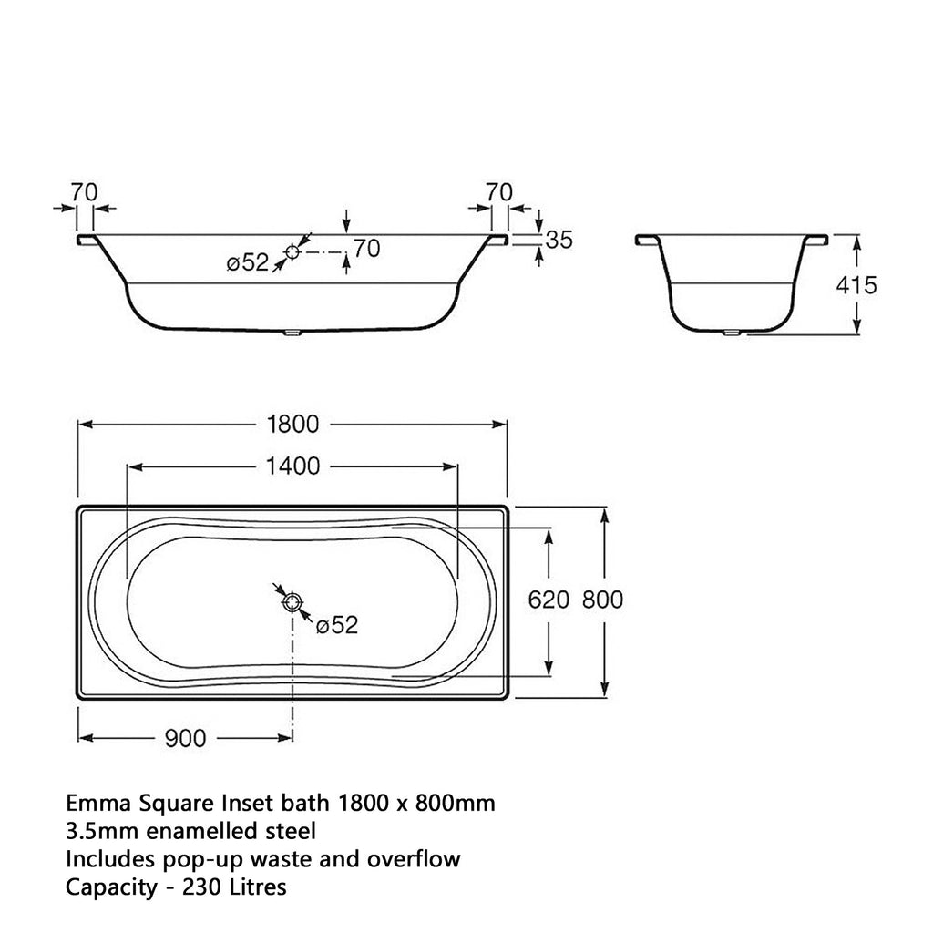  - Emma Square Inset Steel bath