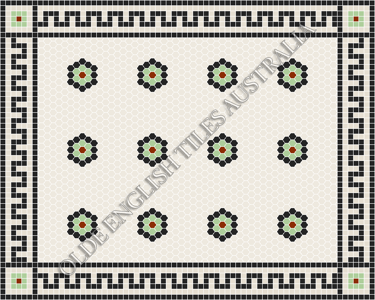 Classic Mosaic Patterns - Empire Multi 25 White with Black, Sage and Special Red Pattern