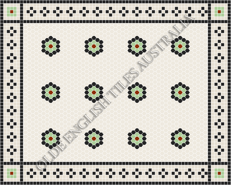Classic Mosaic Patterns - Empire Multi 25 White with Black, Sage and Special Red Pattern