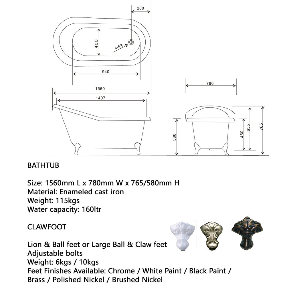  - Slipper 1560 or 1700 Cast Iron bath