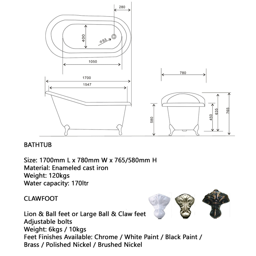  - Slipper 1560 or 1700 Cast Iron bath