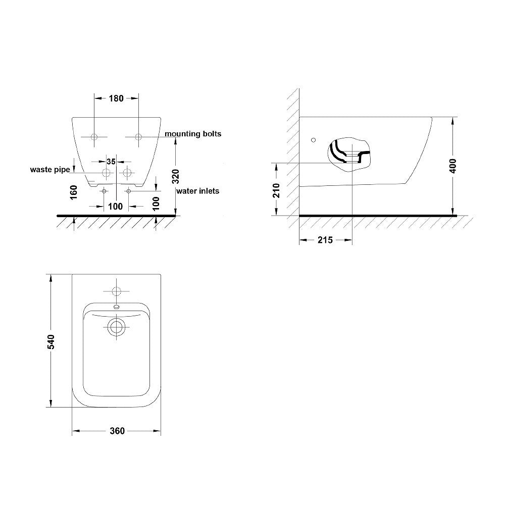  - Emma Square Wall hung Bidet for over rim water supply